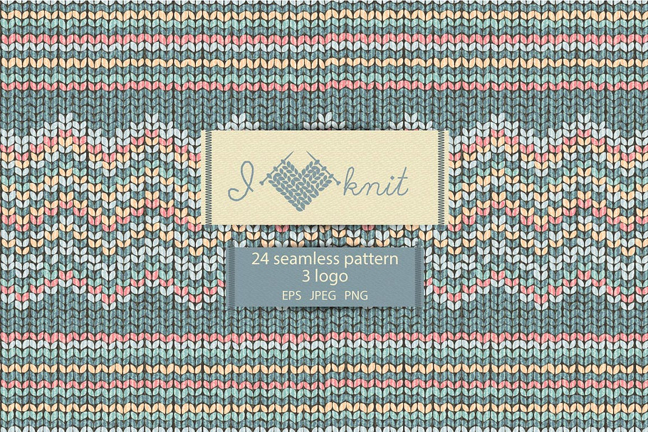 Knit seamless pattern and logo set