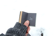 Joy, christmas or winter idea. Male holds the book with inscription