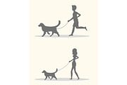 Silhouette man and women walking dog