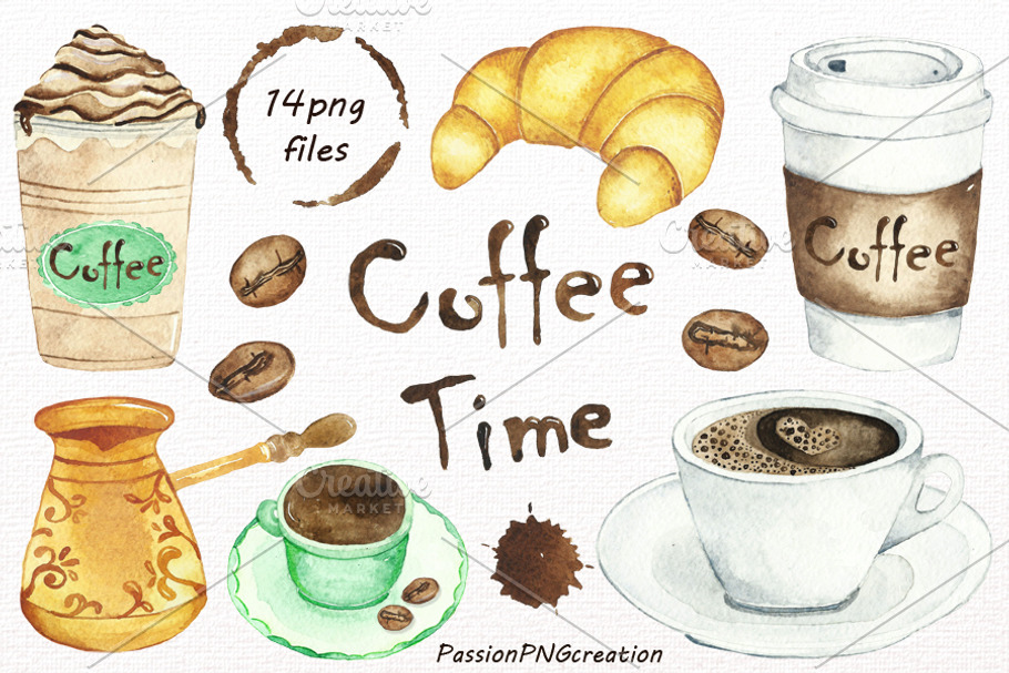 Watercolor Coffee Time Clipart in Illustrations - product preview 8