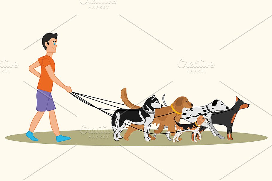 Man walking many dogs
