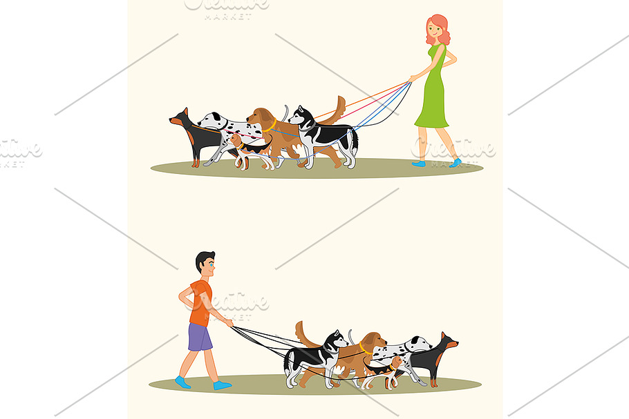 Man and a woman walking many dogs