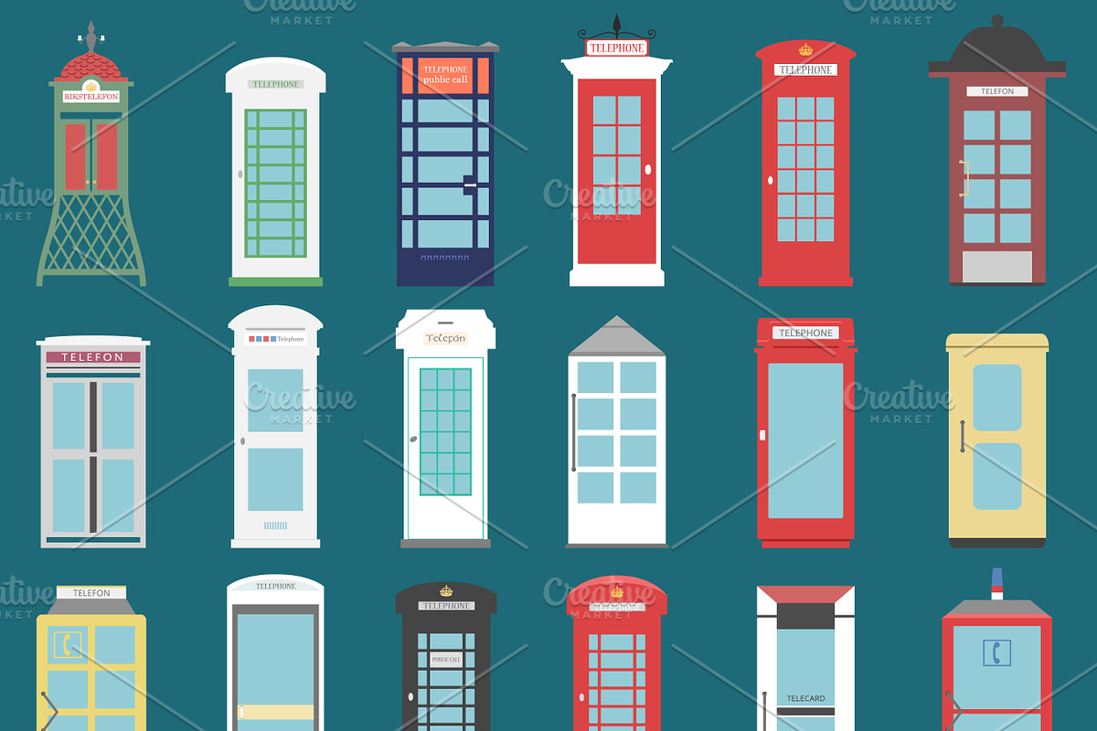 Set of 18 different telephone boxes in Illustrations - product preview 8