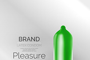 Vector condom ad template. Latex contraceptive, 3d illustration