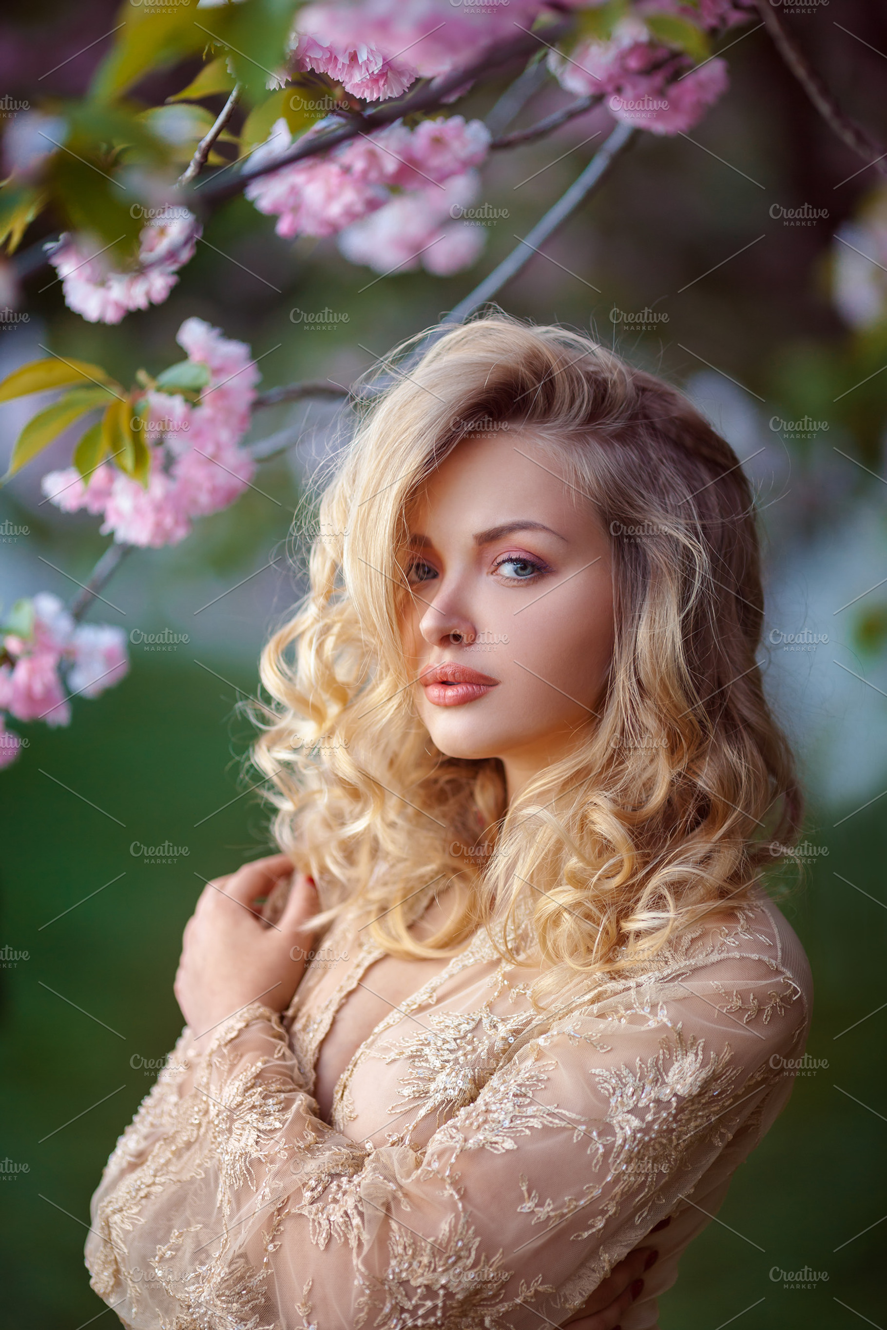 Beautiful Sexy Adult Girl Standing At Blossoming Tree In The Garden High Quality Nature Stock