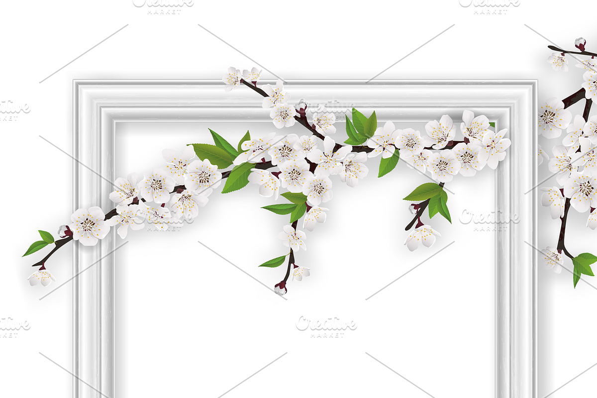 photo frame blooming branch green ribbon in Illustrations - product preview 8