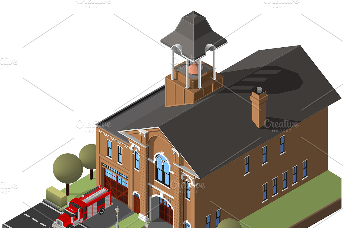 isometric firehouse and firetruck. in Illustrations - product preview 8
