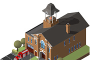 isometric firehouse and firetruck.