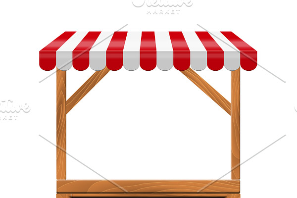 Street stall with red awning and wooden rack.