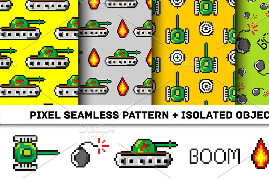 Pixel art vector objects to Fashion seamless pattern. Background with tanks, boom, for boys. trendy 80s-90s   style. Retro computers game isolated elements in Illustrations - product preview 8