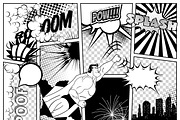 Set of comics speech and explosion bubbles on a book page background. Super hero, rocket, city silhouette firework design elements