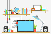 Working place of creative team in flat design over wooden table. Designer work 