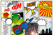 Mock-up of a typical comic book page. Vector Comics Pop art Superhero concept blank layout template with clouds beams, speech bubbles isolated. Bubles, symbols on colored Halftone Backgrounds