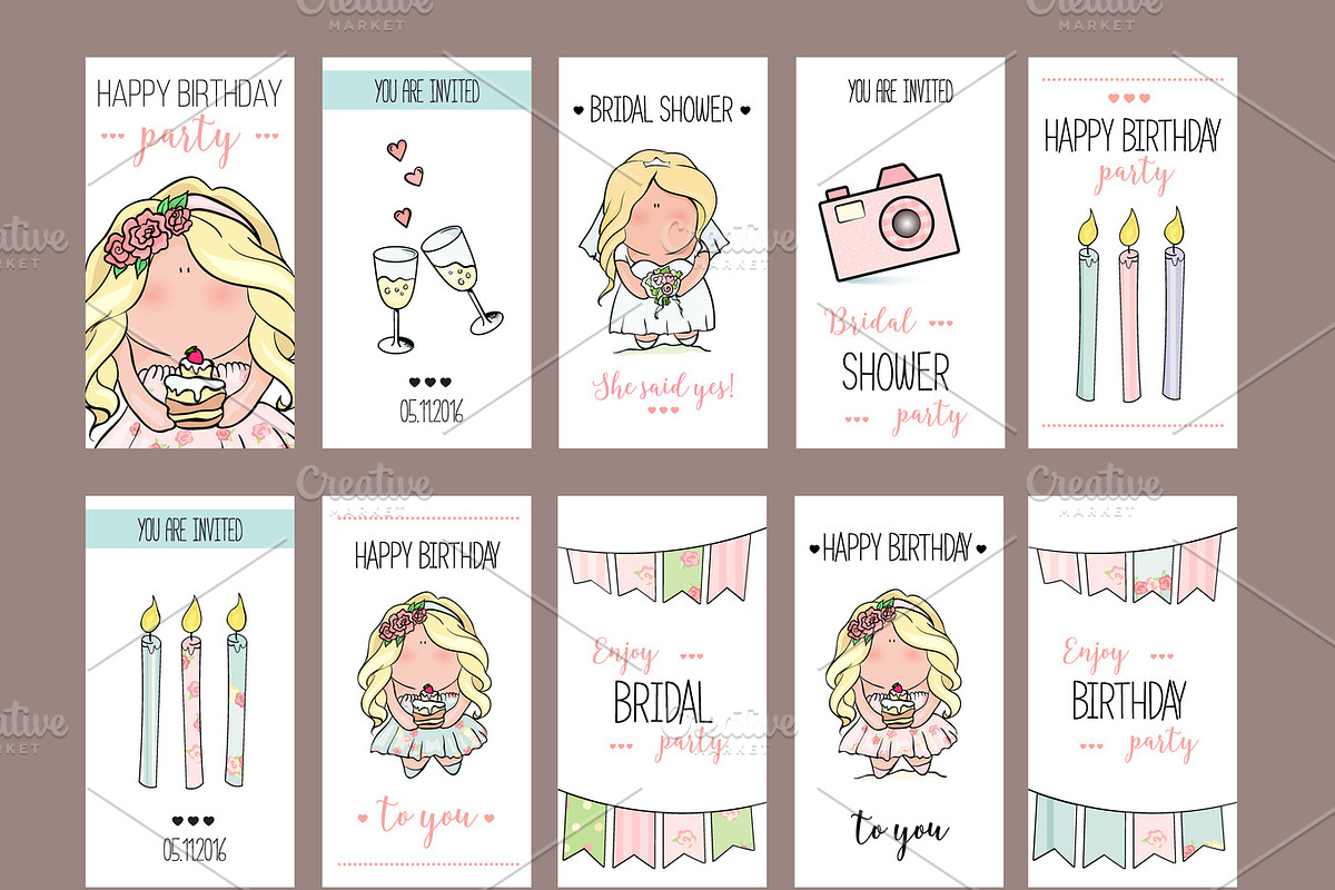 girl party invitation or congratulation cards in Illustrations - product preview 8