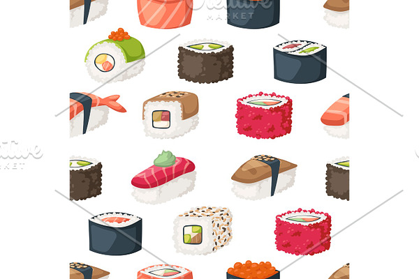 Sushi and rolls seamless pattern vector.