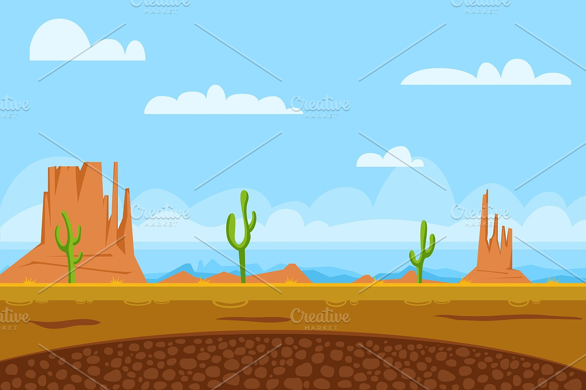 game flat background shows desert and monument valley in usa, sun, cactuses, mountains, sky in Illustrations - product preview 8