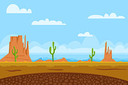 game flat background shows desert and monument valley in usa, sun, cactuses, mountains, sky