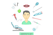 Flat color teeth care concept square compositionof dentist and mediacal tools around him