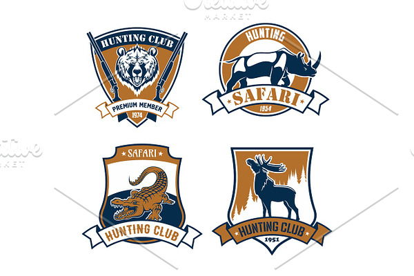 Hunting club vector icons, safari hunt emblems