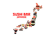 Seafood sushi in shape of vector Japan map