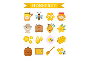 Honey icon set, flat, cartoon style.