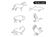 One line animals set, logos vector stock illustration with dolphin, lion, duck, eagle, and other 