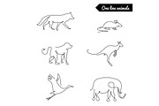 One line animals set, logos vector stock illustration with fox, wolf, kangaroo, monkey, mouse, elephant and other 