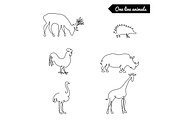 One line animals set, logos vector stock illustration with deer, giraffe, ostrich, and other 
