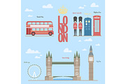 London travel info graphic Vector illustration of the  and symbols, briges, big-ben, telephone boxes, bus, queen guards, eye