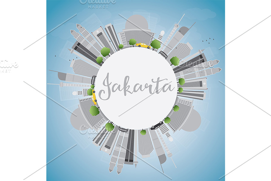 Jakarta skyline with gray landmarks in Illustrations - product preview 8