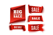 Set of five red, realistic, sale paper banners.
