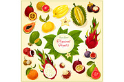 Tropical and exotic fruits vector icons