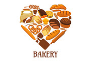 Bakery heart sign of bread, pastry, dessets
