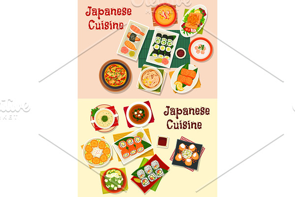 Japanese cuisine seafood sushi icon set