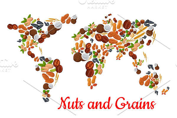 Nuts and grains in world map shape