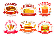 Fast food menu icons, labels, emblems set