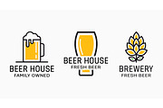 Set of vintage beer and pub logos. Labels with bottles, hops, and bocal 