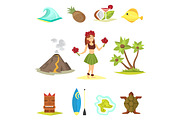 Hawaii icons and girl vector illustration.