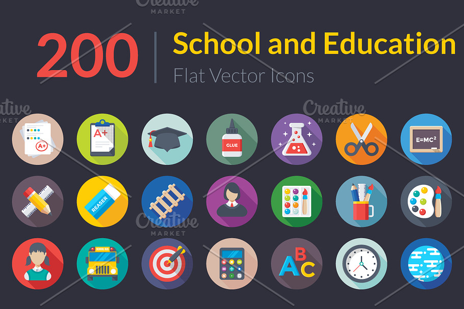 200 Flat School and Education Icons 