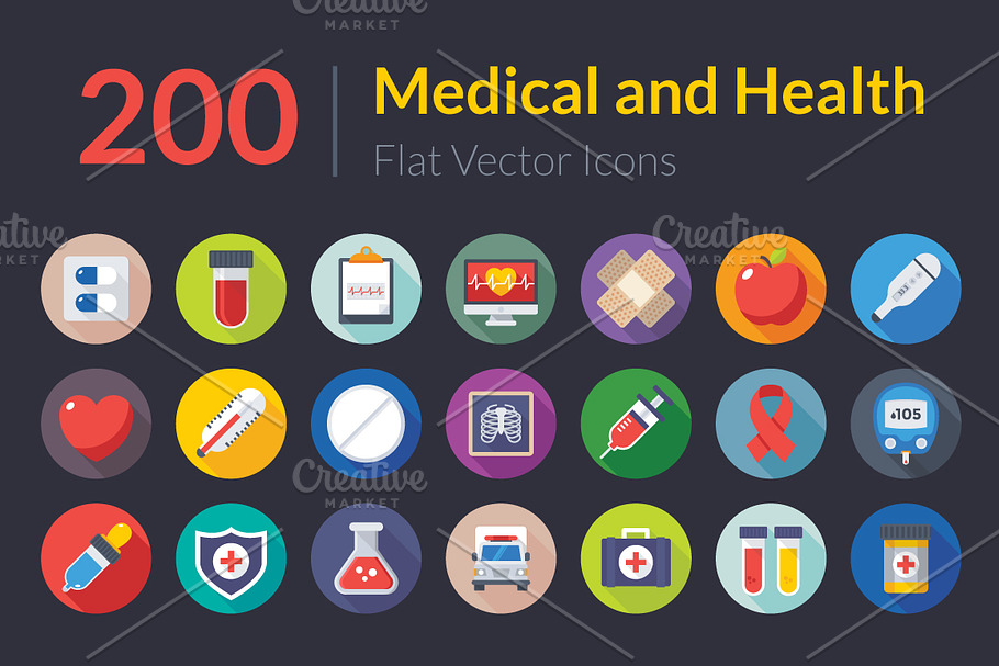 200 Flat Medical and Health Icons 