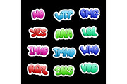 Sticker icons with halftone texture. A set of abbreviations, reductions of slang phrases for social networks and messengers