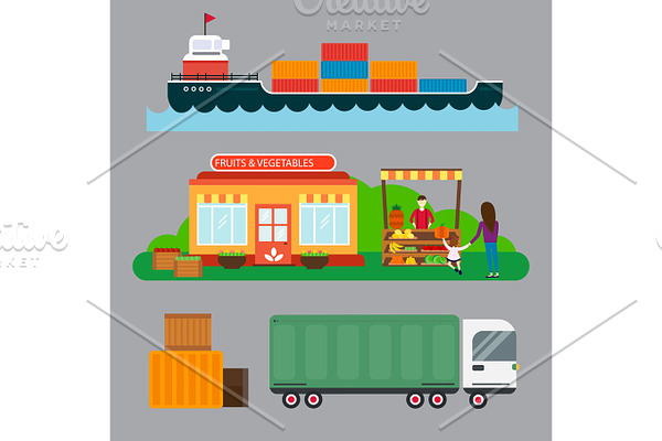 Street seller with stall fruits and ship cargo sea transportation vector illustration.