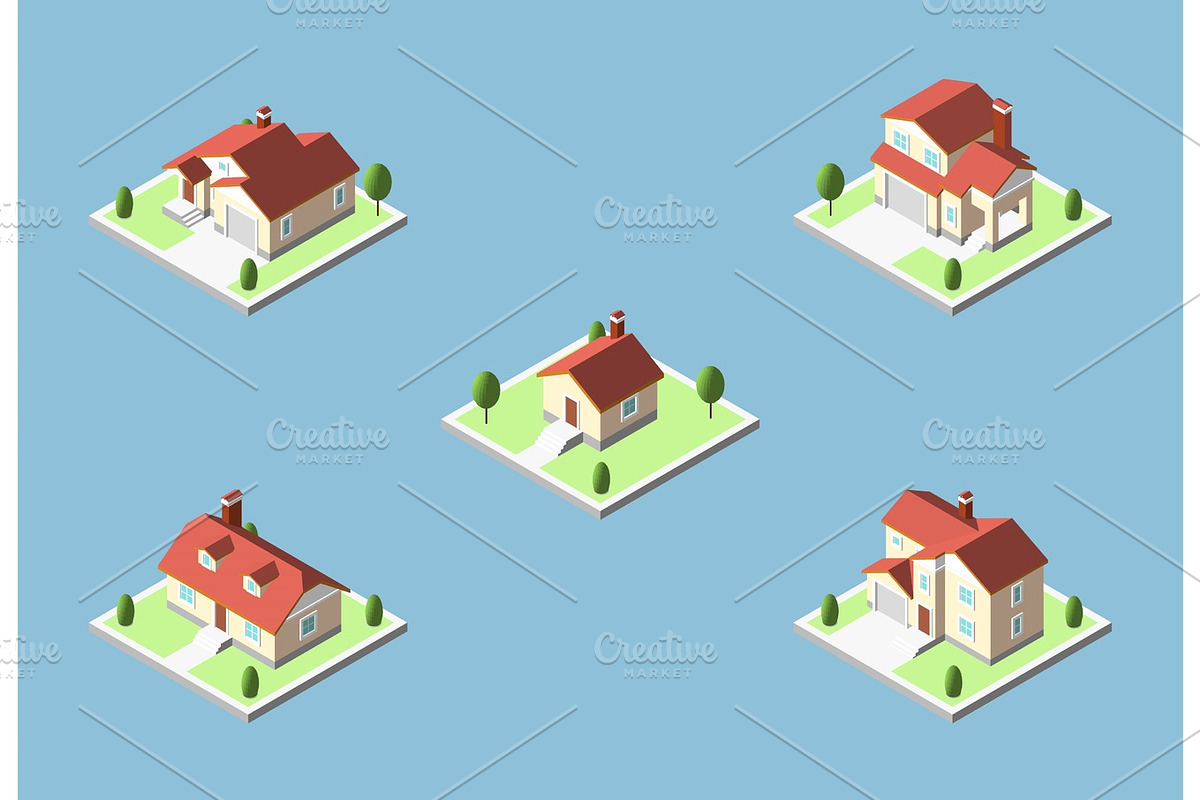 Three-dimensional isometric village buildings, Real estate icon in Illustrations - product preview 8