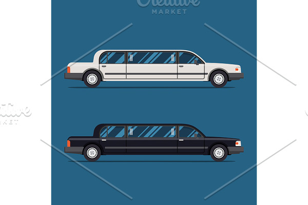 White limo and black limousine. Flat vector illustration. Isolate. Luxary vehicle. Side view
