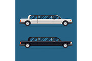 White limo and black limousine. Flat vector illustration. Isolate. Luxary vehicle. Side view
