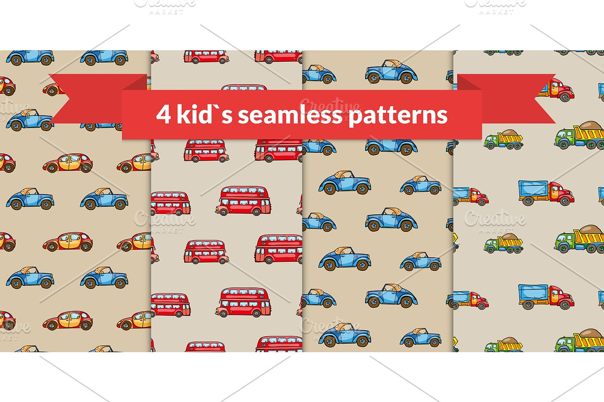 Child vector seamless pattern set. Hand drawn kids transport: retro car, red london bus, truck in Illustrations - product preview 8