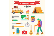 Hiking and camping equipment - icon set and infographics. Modern flat design