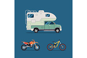 Vector illustration flat. the best banner  for the travel agency and camping, outdoor activities, sports and outdoor recreation. Camper, motorcycle, bicycle
