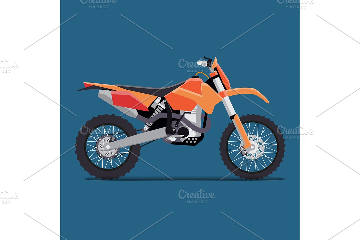 vector illustration of a flat sports enduro bike for extreme trips through the mountains. tech design on a blue background. in Illustrations - product preview 8