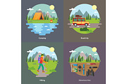 Best trips and camping for unforgettable journey 4 flat square icons composition banner abstract isolated vector illustration